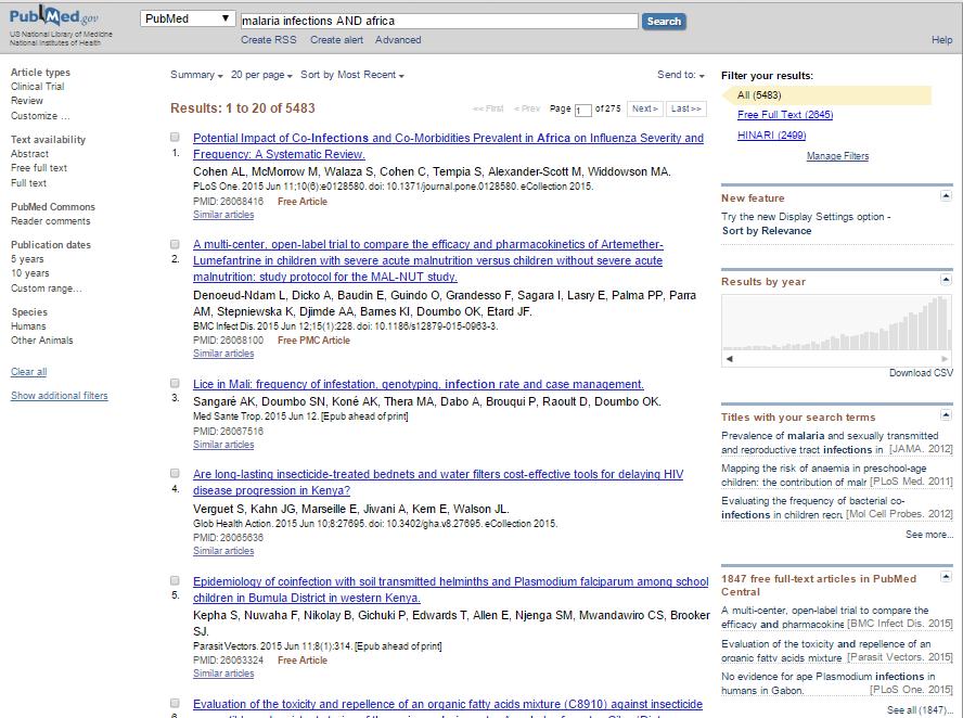 Note the useful options in the right column of the PubMed search results: Sort by Relevance option Results by year graph Titles with your