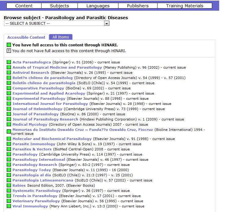 An alphabetical list of Parasitology and Parasitic Diseases journals is now displayed with links to the journal
