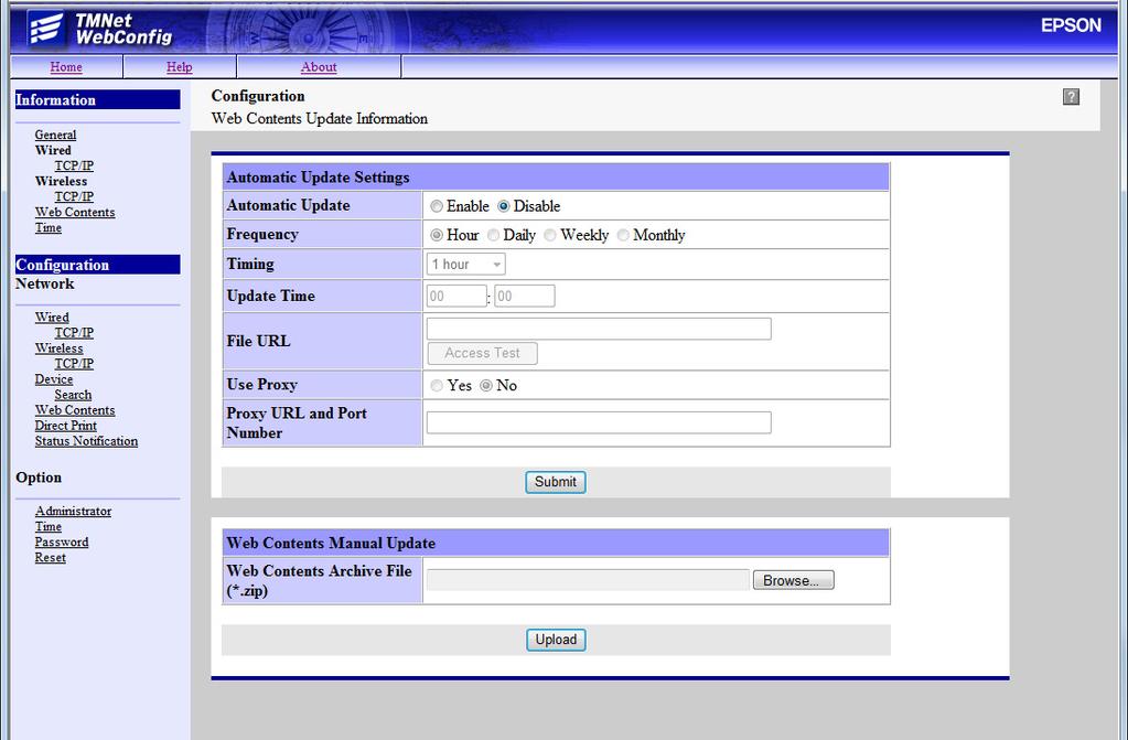 Web Contents Update Settings You can use this to register web contents in this product and set updating for them. See also "Registering Web Contents" on page 59.