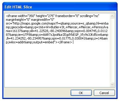 After adding the code, the Edit HTML Slice dialog box will look like Figure 7. Figure 7. Code is displayed in the Edit HTML Slice dialog box 4. Click OK.