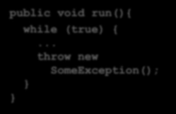 The thread is dead after run() returns A thread can end normally Or an uncaught exception can be thrown Running Java Threads