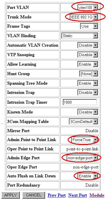 Select vlan100 from the Port VLAN drop-down menu. Select IEEE 802.1Q from the Trunk Mode drop-down menu. Select ForceTrue from the Admin Point-to-Point Link drop-down menu.