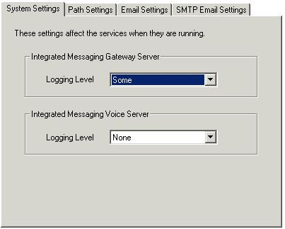 3.2.1 System Settings If IMS is installed the Systems Settings tab is available. You can specify the level of service logging for the IMS Gateway Server service and the IMS Voice Server service.