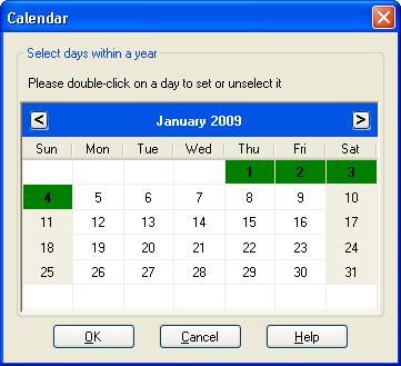 5.18.2 Calendar Select days from the calendar (up to 255 days) which, if the current date matches the selected day, return 'true'. Double-click a day to select or deselect the day.