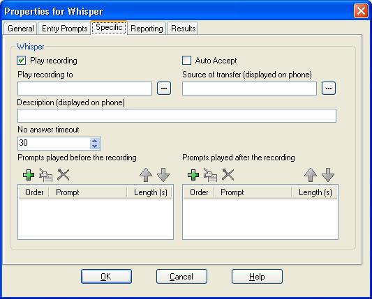 Actions: Telephony Actions 6.7.5 Whisper The Whisper action allows a recording made by the caller to be played to a transfer target while the caller is held.