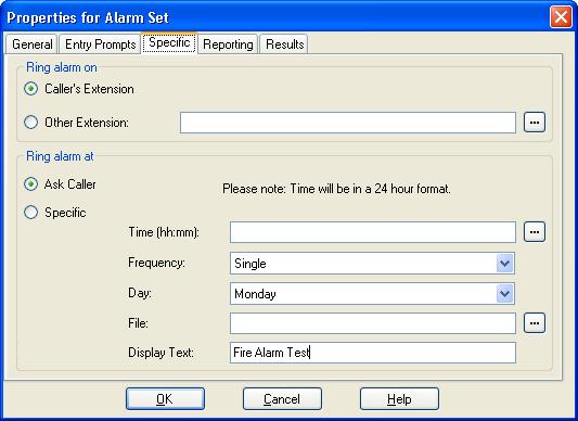 6.8.3 Alarm Set The Alarm Set action allows an alarm call to be setup to be played to a specified extension at a specified time.