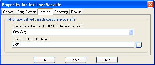 6.9.3 Test User Variable The Test User Variable action has true and false connections that are followed according to whether the selected user variables 138 current value matches a particular value.