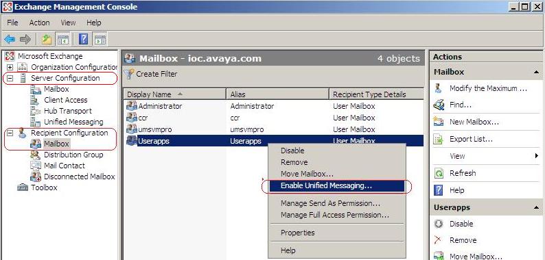 a. Expand the Recipient Configuration section and select Mailbox. b.