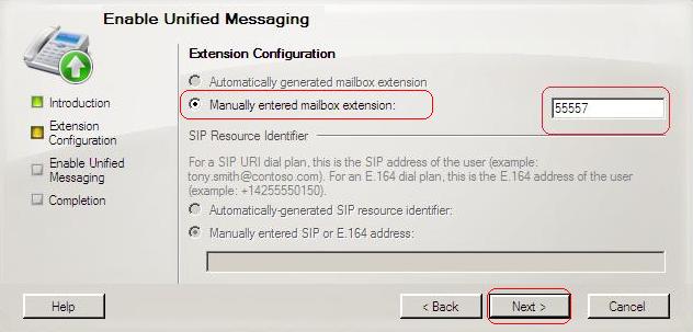 Installing : UMS Web Services e. Select Automatically generate PIN to access Outlook Voice Access. Click Next. f. Select Manually entered mailbox extension.