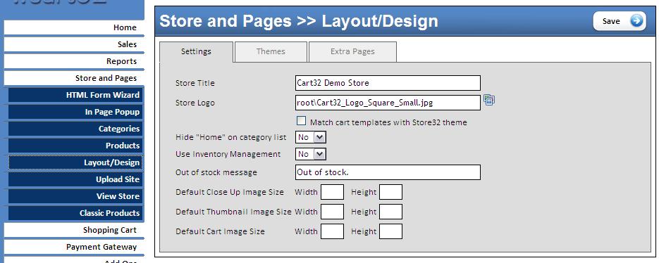 Layout/Design The Layout/Design sub-category contains all the basic controls for the appearance of your site. It contains three tabs within it: Settings, Themes, and Extra Pages.