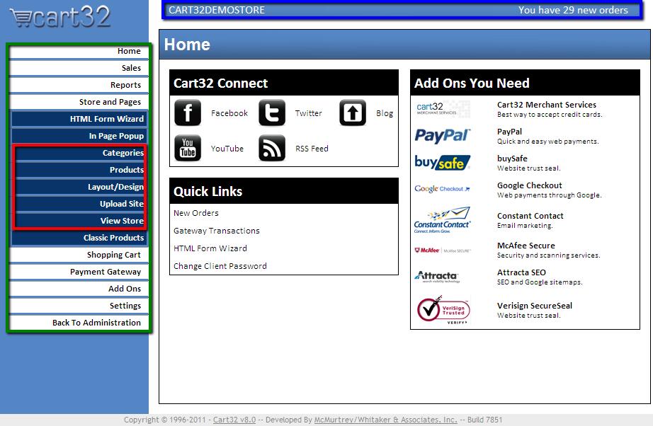 Welcome to the Cart32 Store Builder. This was previously known as Store32 in v7.0 of the shopping cart. The screenshot below shows a typical view of the store builder in Internet Explorer.
