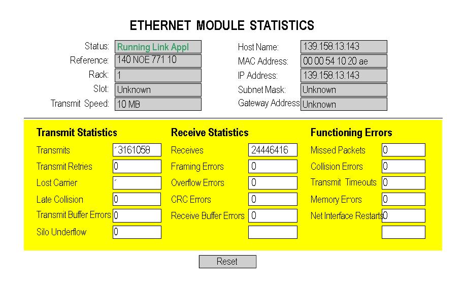 Server module. Access this page by selecting the NOE module form the local rack or use the hyperlink Statistics.