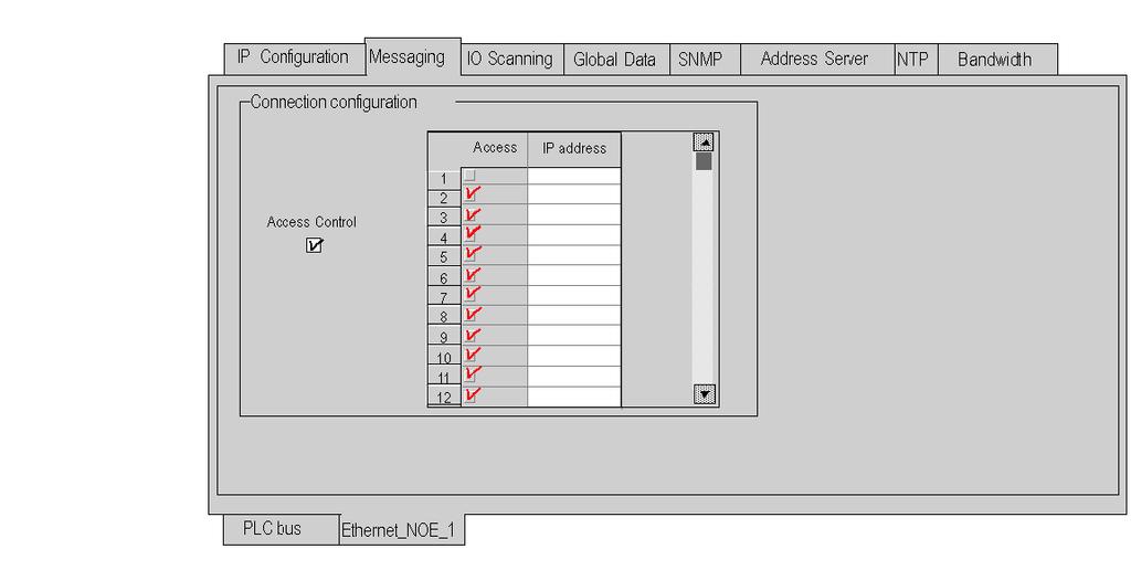 Software Configuration Parameters The Messaging Configuration Tab Introduction To limit access to the BMX NOE 01x0 and BMX P34 20x0 CPUs, set the access control parameters on the Messaging tab.