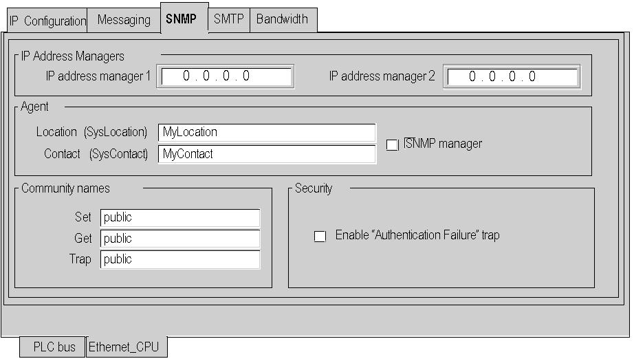 Software Configuration Parameters CPU configuration screen: Configuring SNMP The following procedure gives the configuration principle for SNMP: Step Action 1 Enter the IP Address Managers addresses: