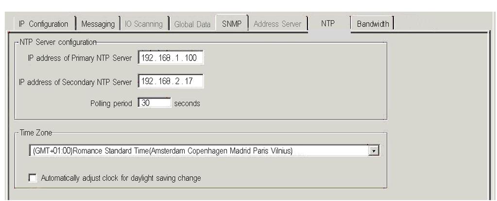 Software Configuration Parameters The figure shows the NTP dialog box for BMX NOE 01x0 modules: Configuring NTP Configure or change the following parameters on the NTP configuration page: 1.