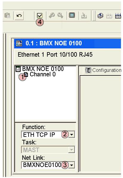 M340 Ethernet Communications Quick Start Associate the Network with the Module Instructions Associate the new logical network with the BMX NOE 0100 module: Step Action Comment 1 In the Project