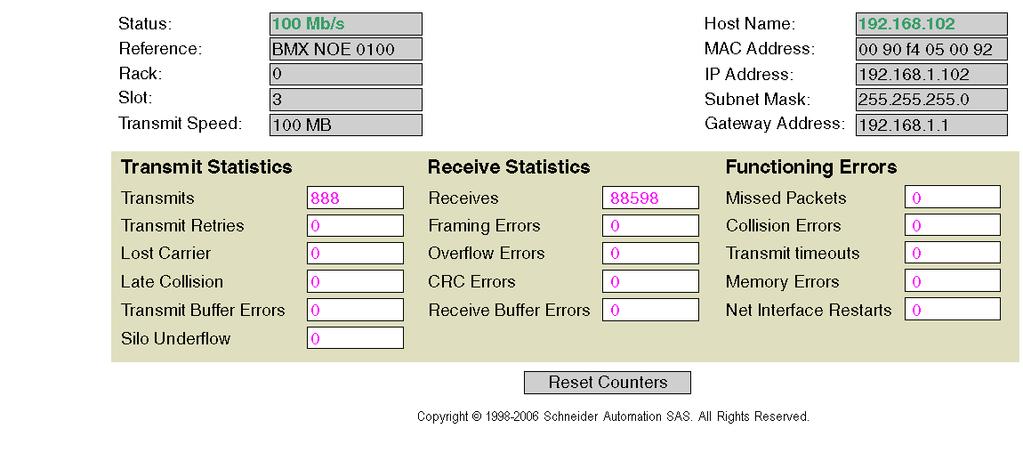 Embedded Web Pages Statistics Diagnostics Page This page shows the Ethernet