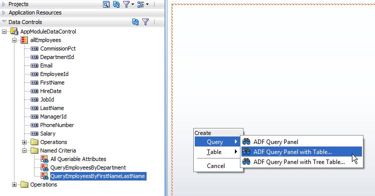One of the options within the Query option is to create an ADF Query Panel with Table, which displays the result set in a table view, which can have additional