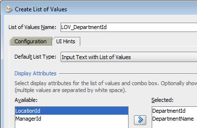 Select the attributes that should be shown in the LOV result table. Next, double click the "EmployeesView" view object that provides the dependent list values.