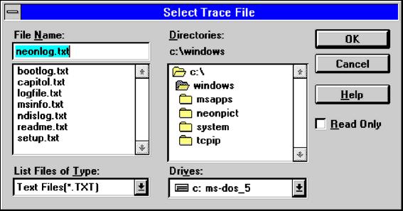 Figure 23. Select Trace File 10. Select a name and directory for the trace file. 11. Click OK to return to the Debug Information dialog box (shown in Figure 22 on page 48). 12. Click OK. This writes a NEONTRACE keyword in the appropriate section of the ODBC.