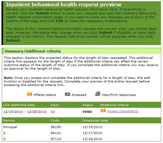Inpatient Behavioral Health Preview for DSM IV Summary/Additional criteria The LOS start/end date section contains: The start and end date. The number of Days requested.