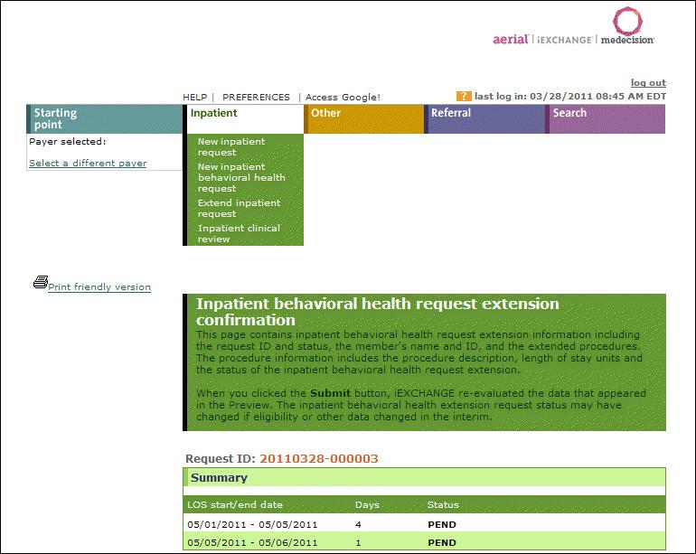 When you click Next step, Aerial iexchange evaluates the entered request data before redisplaying the Inpatient behavioral health request extension preview page.