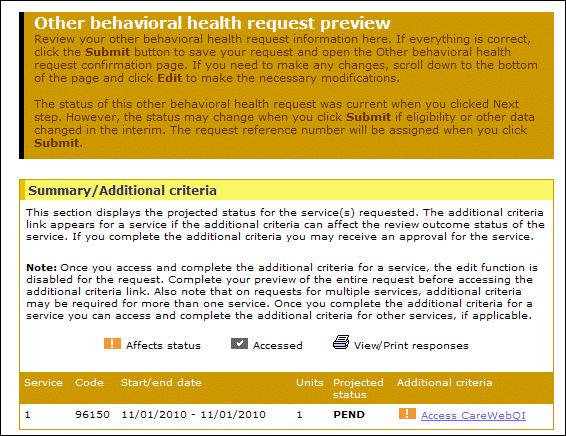Other Behavioral Health Preview for DSM IV Summary/Additional criteria The Service section contains.
