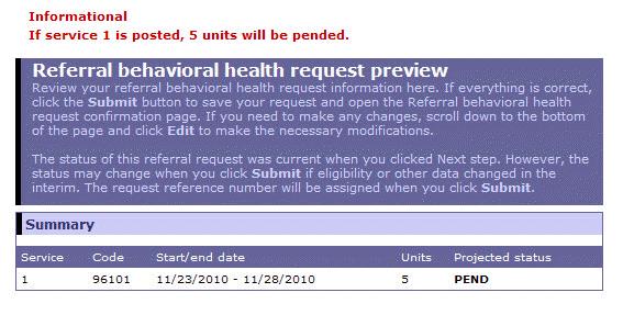 When you click Next step, Aerial iexchange evaluates the entered request data before displaying the Referral behavioral health request preview page.