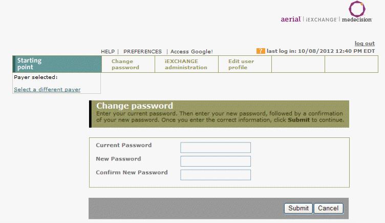 Aerial iexchange Maintenance 2. Click on the Change password link to display the Change password page. 3. Enter your Current Password. 4. Enter a New Password.