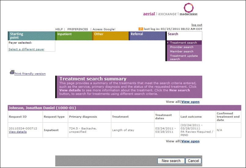 The Treatment search summary page displays requests meeting the search criteria. 3. Click the View details link located under the Request ID of the request you want to select.