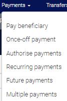 5.7 Multiple payments In the top navigation menu select Payments and Multiple payments. Click on the dropdown arrow, select the required beneficiary group and click on the Next button.