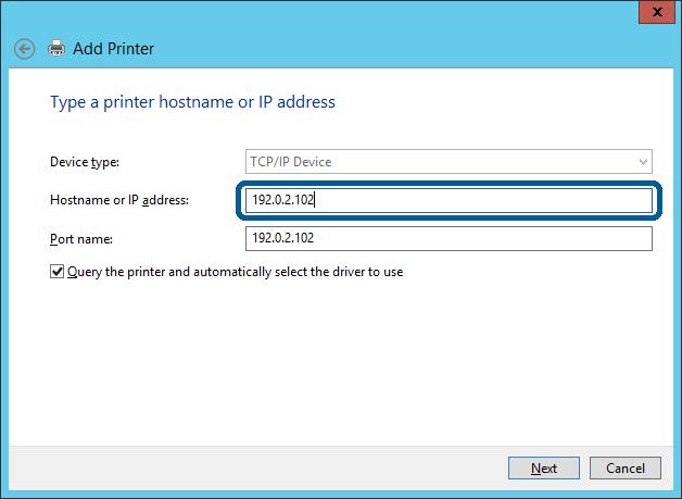 E Enter the printer's IP address or printer name in Host Name or IP Address or Printer Name or IP Address, and then click Next. Do not change Port name.