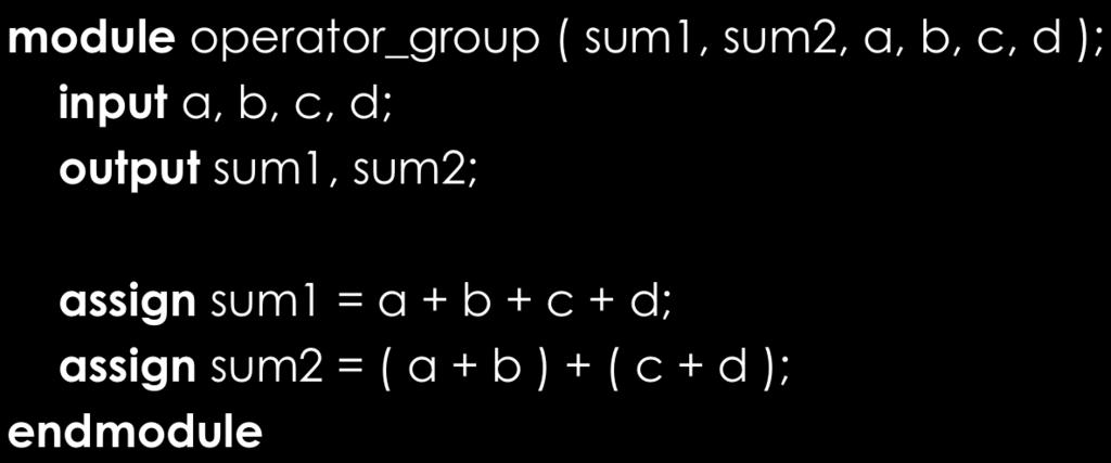 Grouping of Operators module operator_group ( sum1, sum2, a, b, c, d ); input a, b, c, d; output sum1, sum2; assign sum1 = a + b +