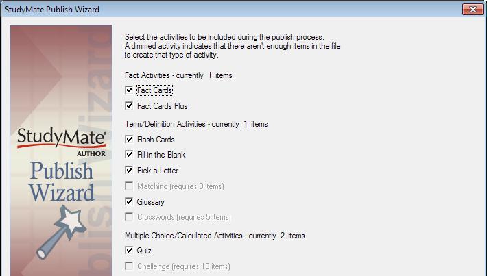 Select the activities you wish to include and click on Next.