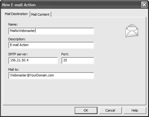CHAPTER Actions Assign the Action to the device Configure the Action In this example, we are configuring an E-mail Action that will be assigned to a Web server device.