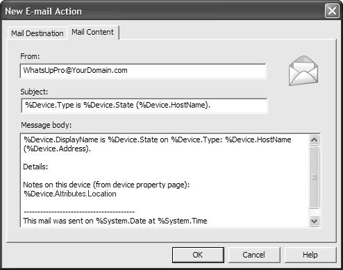 Actions CHAPTER 10 7 Select the Mail Content tab (at the top of the dialog) to switch focus. 8 The From address defines the sender of the message as: WhatsUpPro@YourDomain.com.