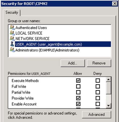 7 8 7. Click Add and type in or find the username of the user that is used to connect to the Domain Controller. 8. Select the following permissions for the user: Execute Methods. Provider Write.