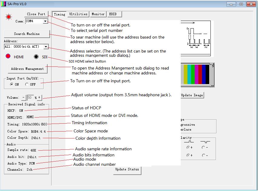b) Timing information menu: On this menu, detailed information on the Audio/Video input signal will be displayed.