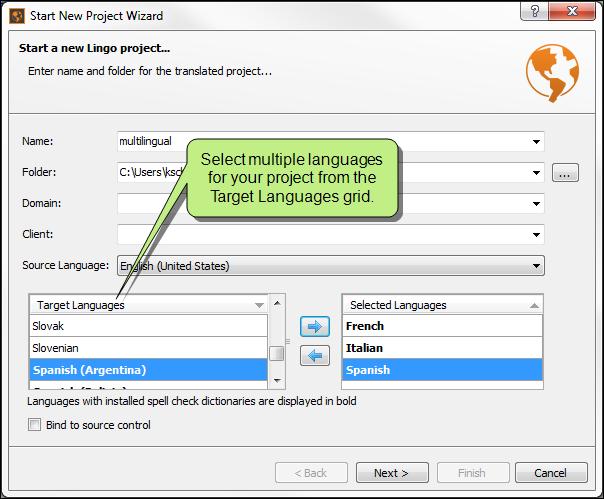 6. In the Source Language drop-down, select the original language that is used in the project you are translating. Make sure this language matches the source exactly.