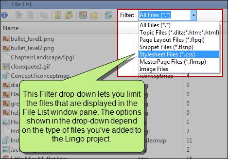 HOW TO VIEW FILES REQUIRING TRANSLATION 1. By default, the File List window pane opens automatically on the left side of the interface when you first launch Lingo.