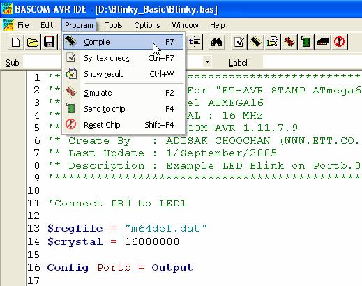 program BASCOM-AVR. 5. Translate written program, click Menu Instruction of Program Compile.