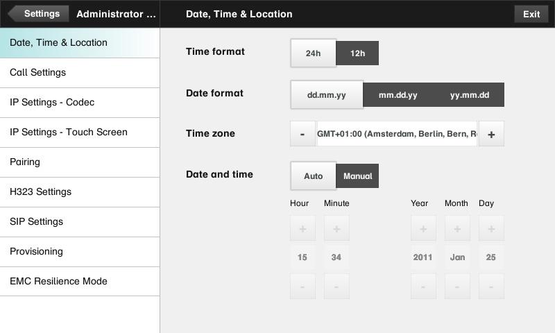 Administrator settings Date, Time & Location The Date, Time & Location settings let you specify: 24h or 12h time format. Your preferred date format.