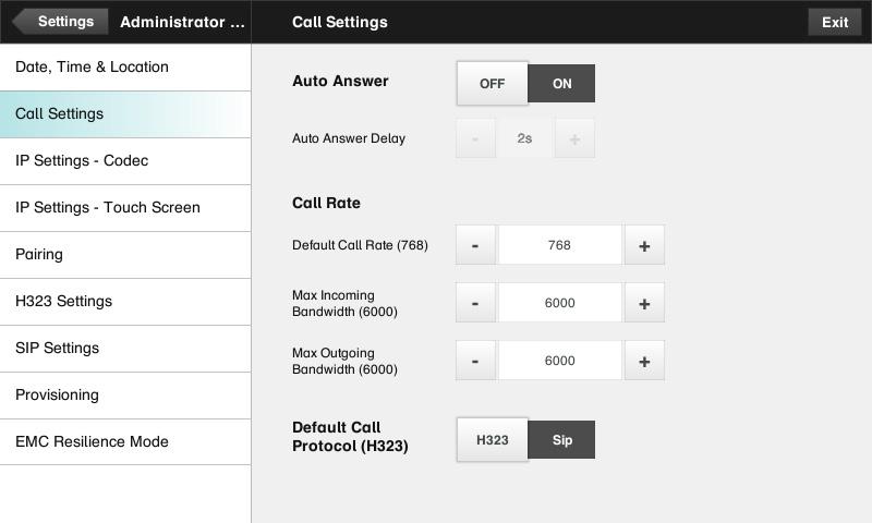 Administrator settings Call settings The Call Settings pane lets you specify: Auto Answer On or Off. If you set this to On, the system will respond automatically to incoming calls.