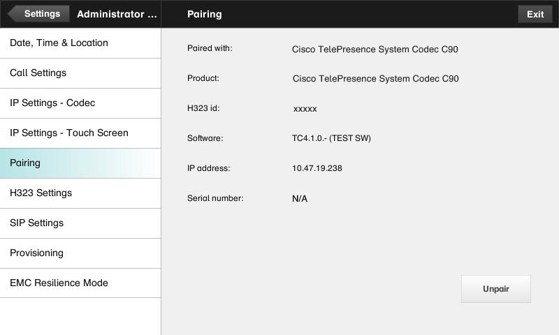 Administrator settings Pairing The Pairing pane shows status on the pairing of the Codec and the