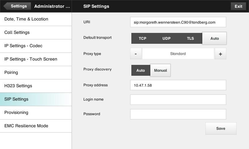 Administrator settings SIP settings The SIP settings pane lets you specify: Your URI. The Default transport layer, this can be set to TCP, UDP, TLS or Auto.