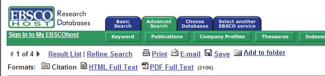 Full-text Options: Print, Email, Save, Add to Folder from Ebsco options located under green banner. Print Click on Print.