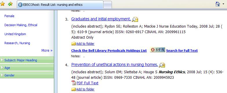 Sample search for Nursing and ethics : Results Screen Look at record #3.