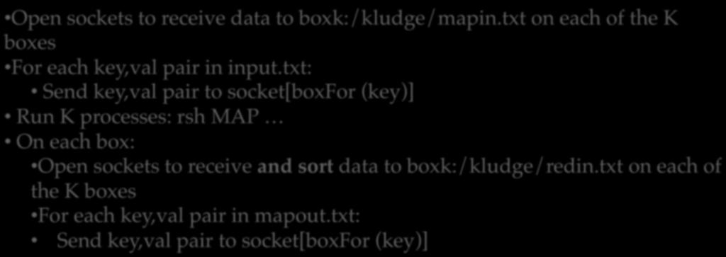 Open sockets to receive data to boxk:/kludge/mapin.txt on each of the K How would you run assignment boxes! For each key,val pair in input.txt:!