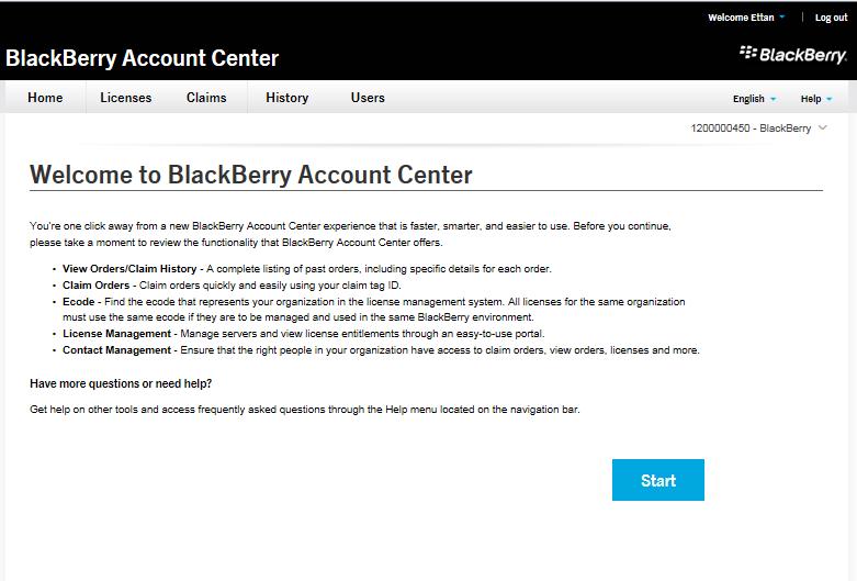 Figure 14 - Quick overview of BlackBerry Account Center Select Start and your will be