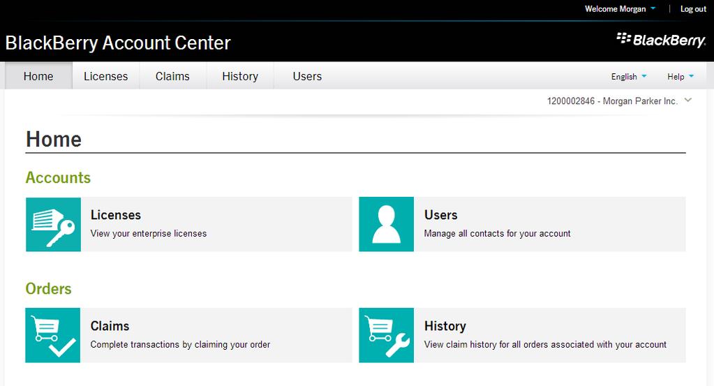 Figure 16 - BlackBerry Account Center Home Page You will be prompted to select an account that is